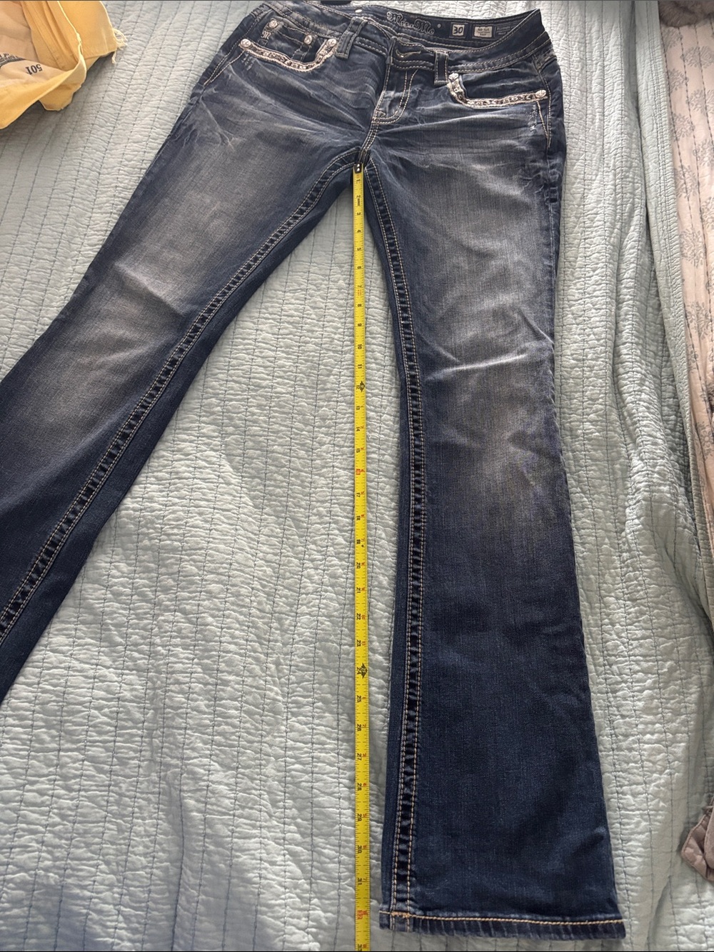 Miss Me Dark Blue Flare Jeans with Faded Wash